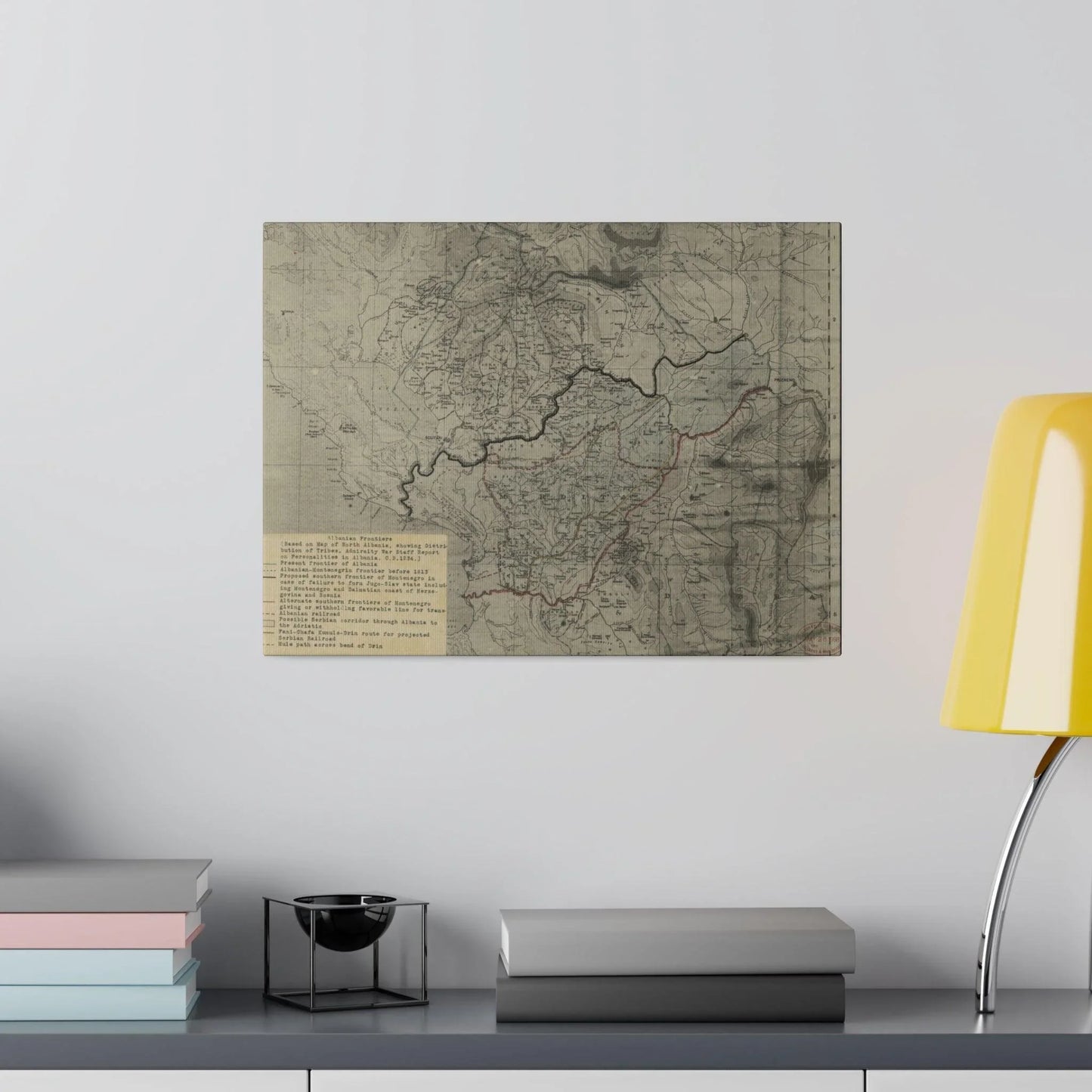 Close-up of the textured canvas surface highlighting brushstroke details and subtle color variations on the Albanian