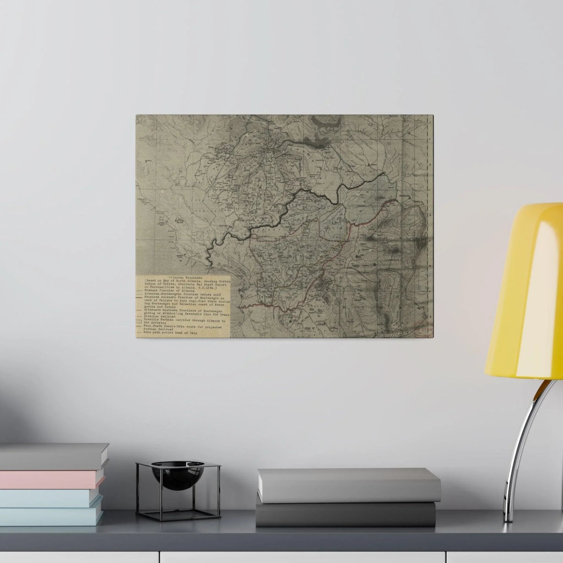 Close-up of the textured canvas surface highlighting brushstroke details and subtle color variations on the Albanian