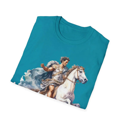 Close-up of the graphic's textured distressed detailing on the unisex soft-style fabric in deep navy, highlighting the