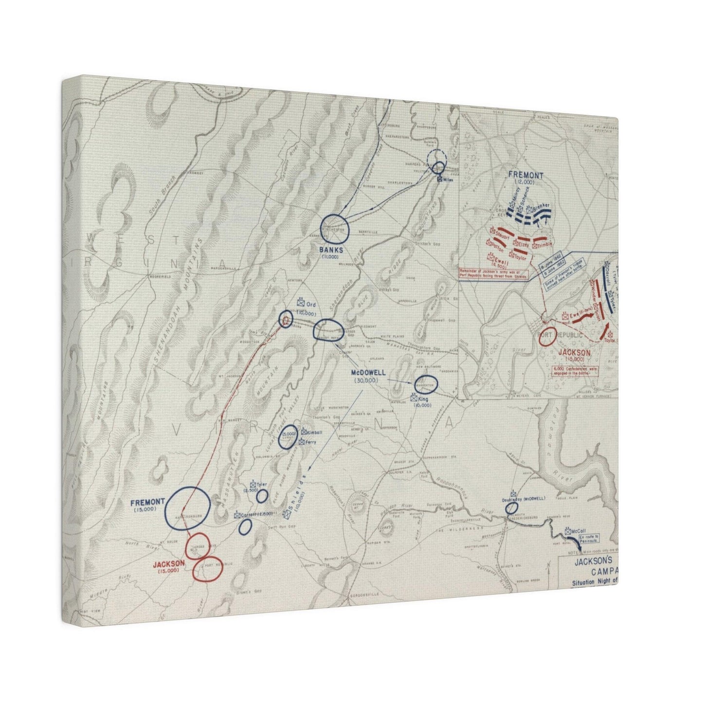 Close-up of detailed canvas texture highlighting painted historical scene from Jackson's Valley Campaign, June 1862.