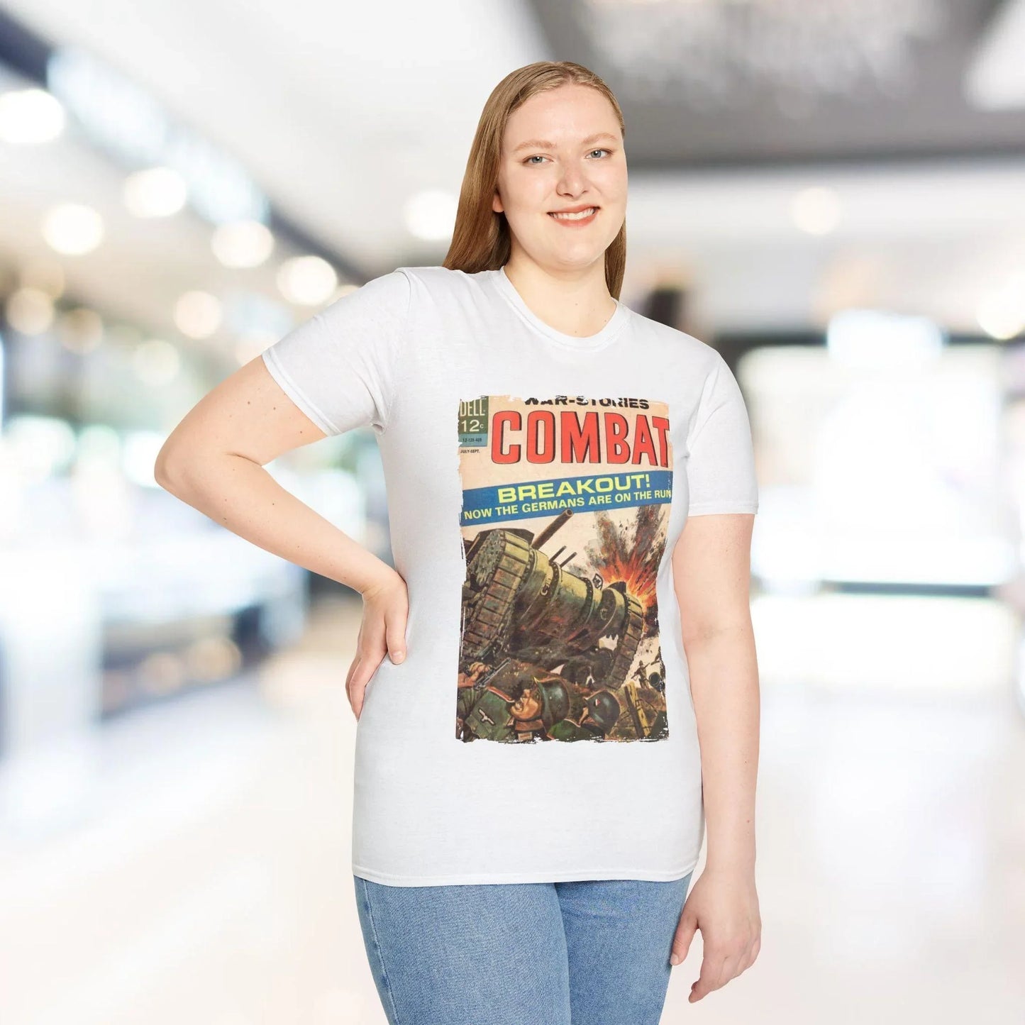 Close-up of the Combat Sept 1964 unisex softstyle T-shirt's relaxed fit and vibrant olive green color, highlighting the