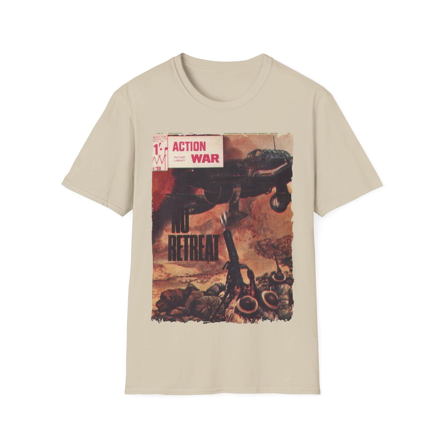 Close-up of the unisex softstyle T-shirt's fabric texture showing smooth cotton blend and precise stitching around the crew