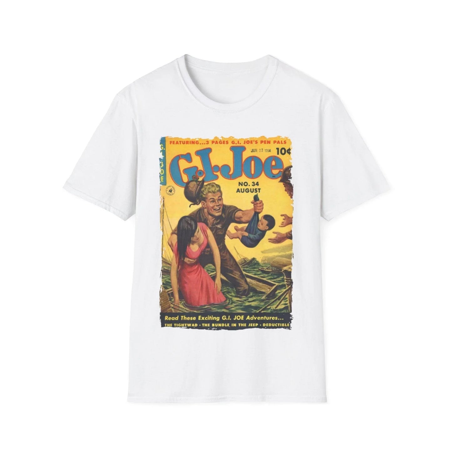 Close-up of the unisex softstyle fabric label and reinforced stitched neckline on the G.I. Joe No.34 T-shirt in navy blue