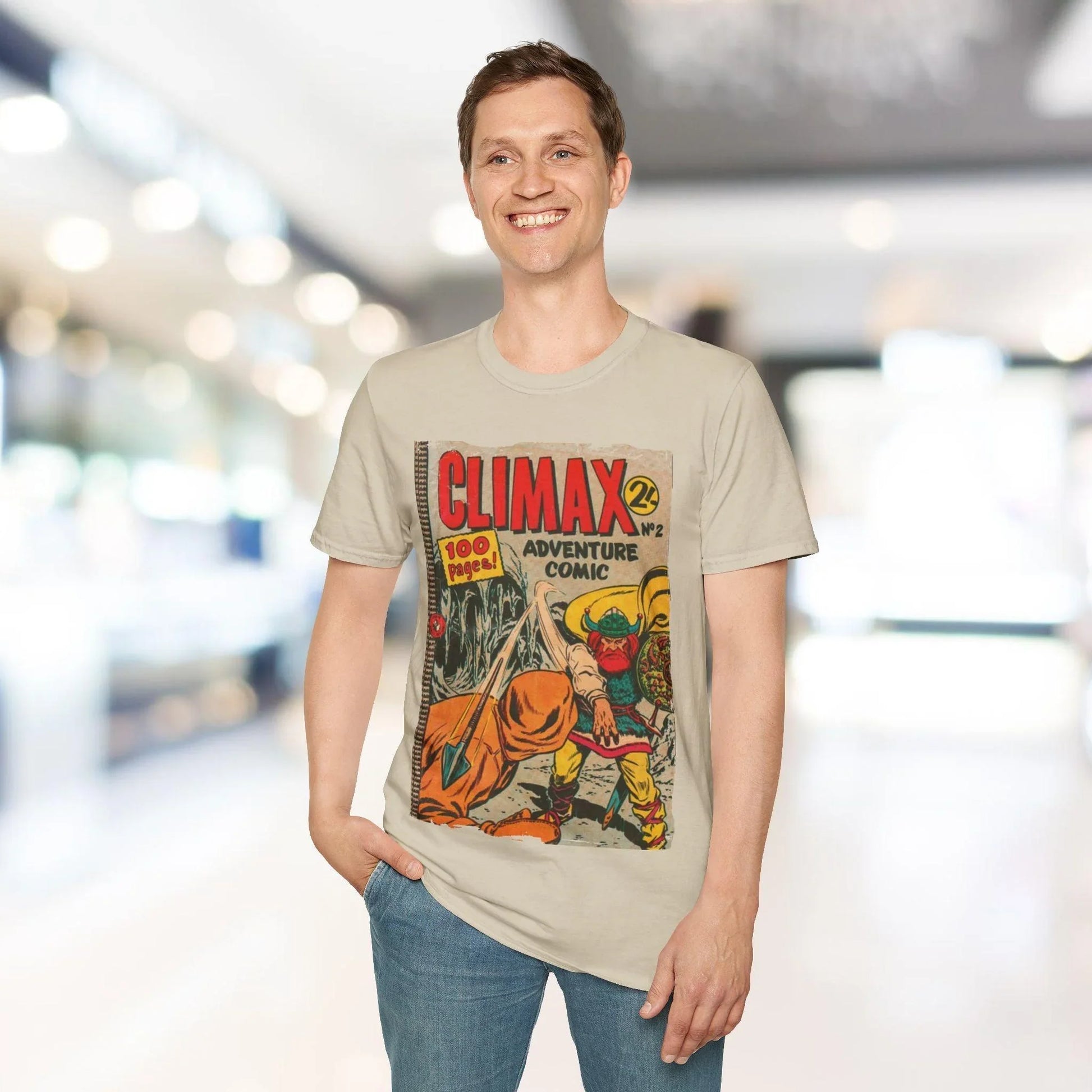 Close-up of the soft cotton fabric and subtle seam stitching on the relaxed fit, navy blue Climax No.2 T-shirt’s sleeve edge