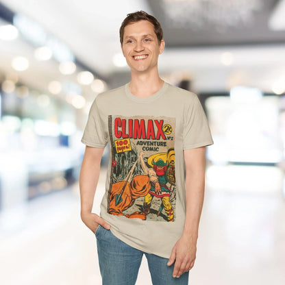 Close-up of the soft cotton fabric and subtle seam stitching on the relaxed fit, navy blue Climax No.2 T-shirt’s sleeve edge