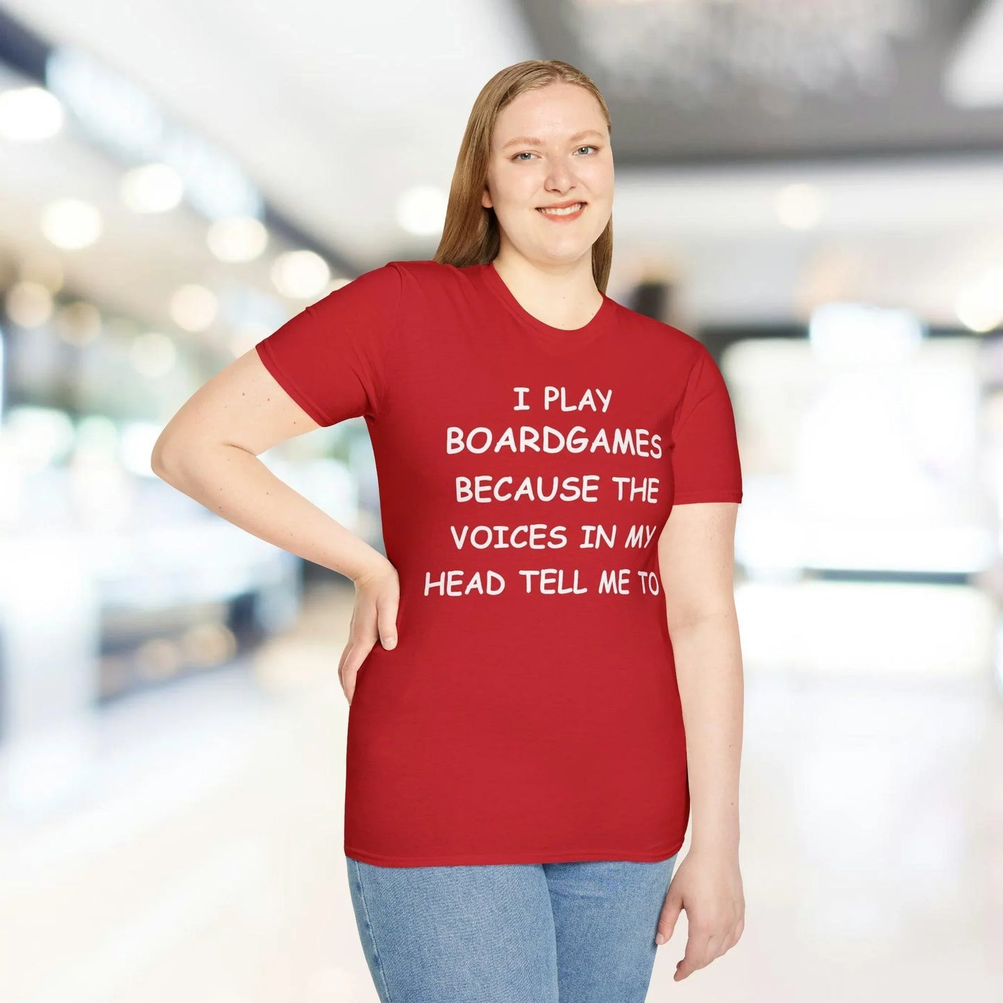 Close-up of the White I Play Boardgames T-shirt fabric showing soft cotton blend texture and slim fit neckline detail.