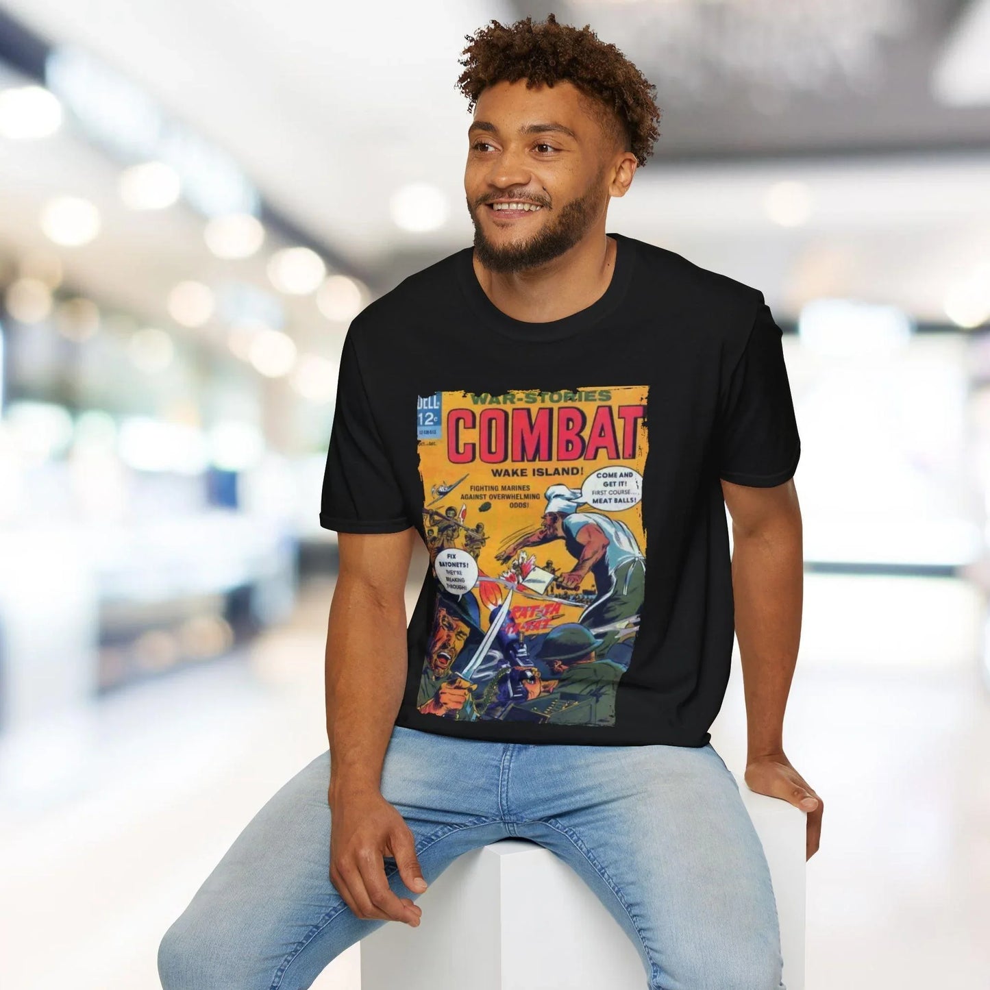 Close-up of the Combat Oct 1965 T-shirt's navy crew neckline with reinforced stitching and relaxed fit fabric texture detail.