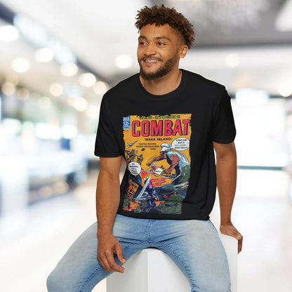 Close-up of the Combat Oct 1965 T-shirt's navy crew neckline with reinforced stitching and relaxed fit fabric texture detail.