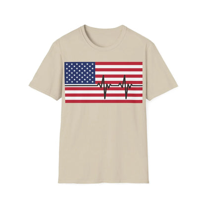 Close-up of the unisex softstyle fabric showing the vibrant American Flag Heartbeat design and relaxed crew neckline from an