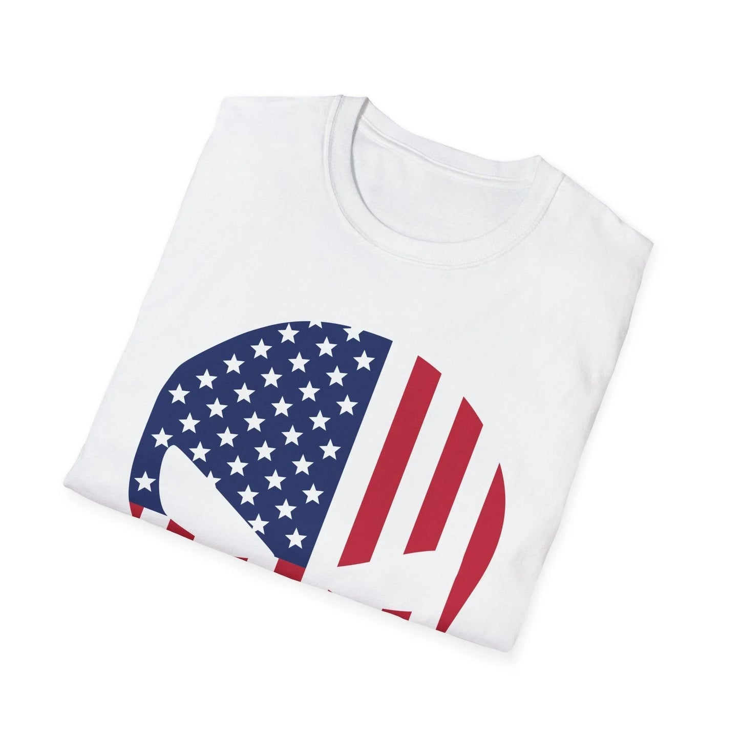 Close-up of the American Skull Flag design printed on the front chest area of the relaxed-fit, heather navy cotton T-shirt