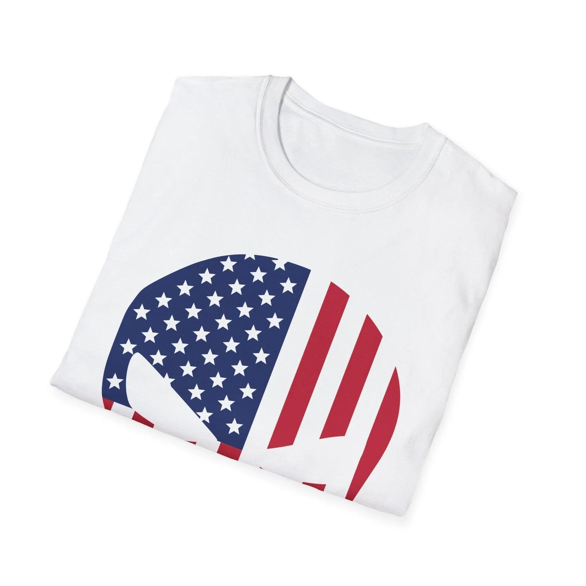 Close-up of the American Skull Flag design printed on the front chest area of the relaxed-fit, heather navy cotton T-shirt