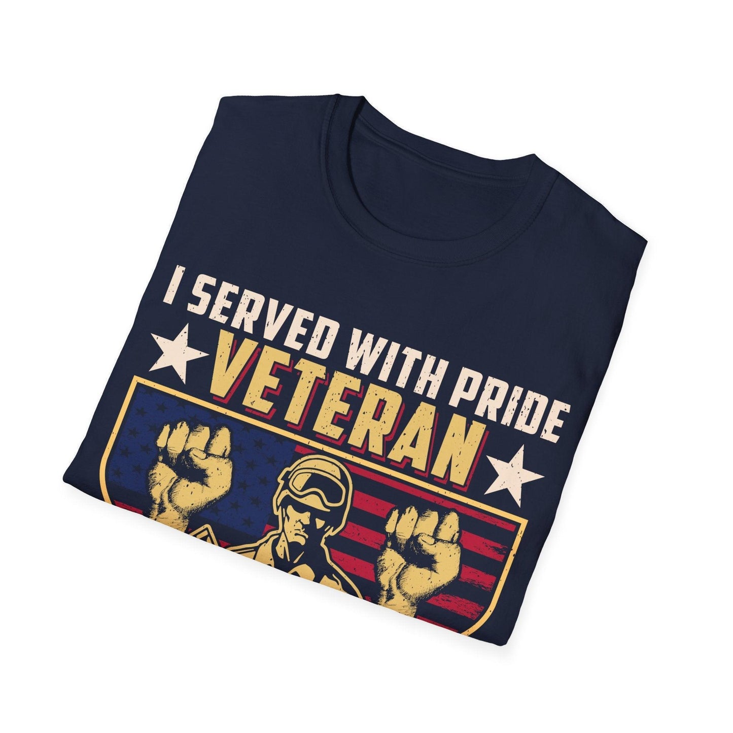 Close-up of the unisex softstyle T-shirt's front neckline displaying vibrant "I Served With Pride" print on heather navy
