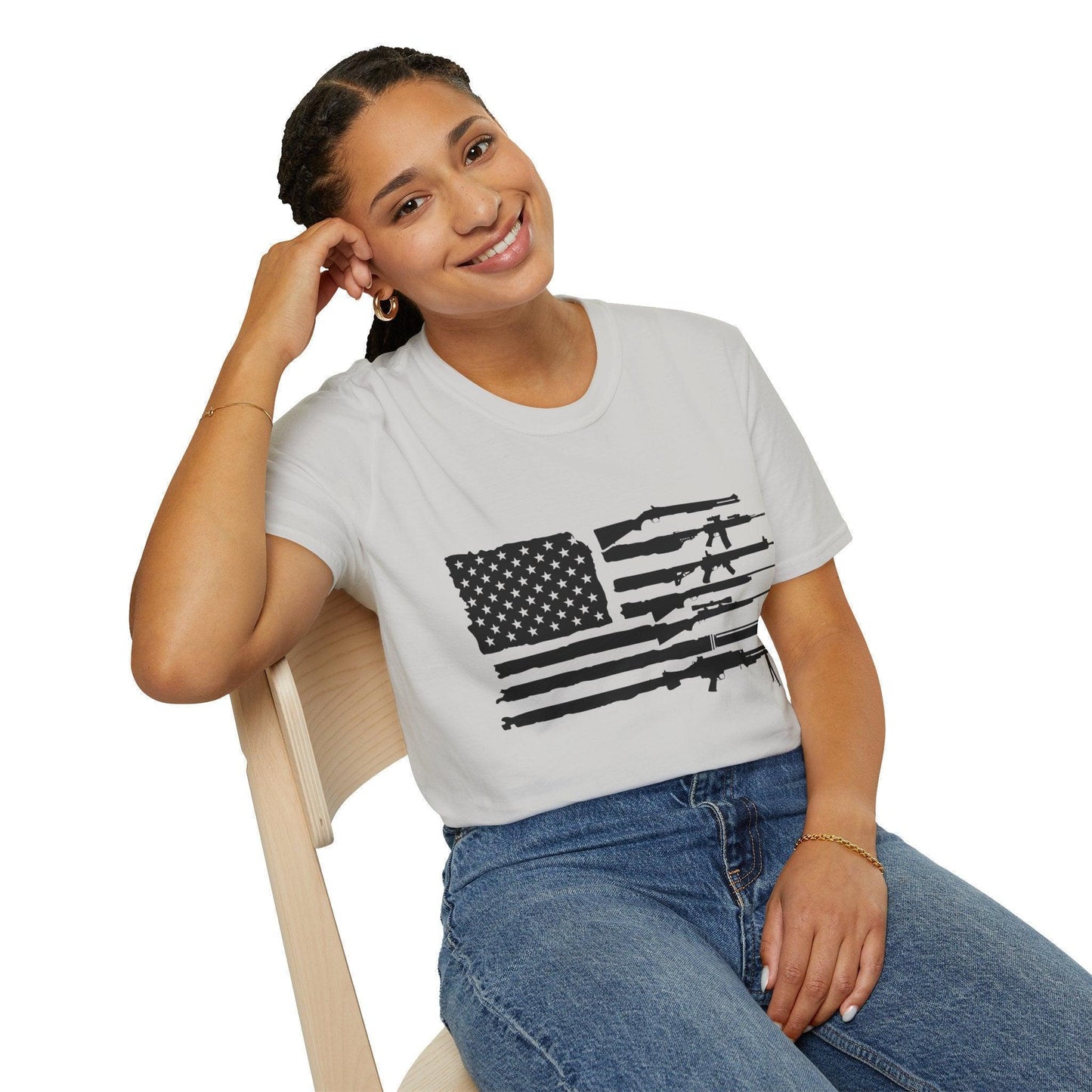 Close-up of the black and white American flag guns print on the textured cotton fabric, showcasing detailed linework and