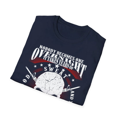 Close-up of the unisex softstyle T-shirt’s charcoal gray fabric highlighting the smooth, slim-fit cut and clean crew