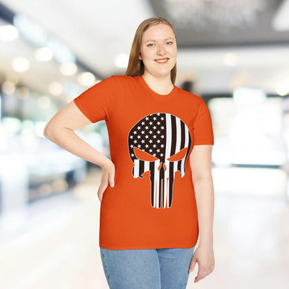 Front neckline and sleeve seam with visible black and white American skull flag graphic on soft white unisex T-shirt