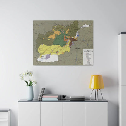 Close-up of detailed print of insurgent group symbols and CIA logo on canvas, highlighting intricate brushwork and texture.