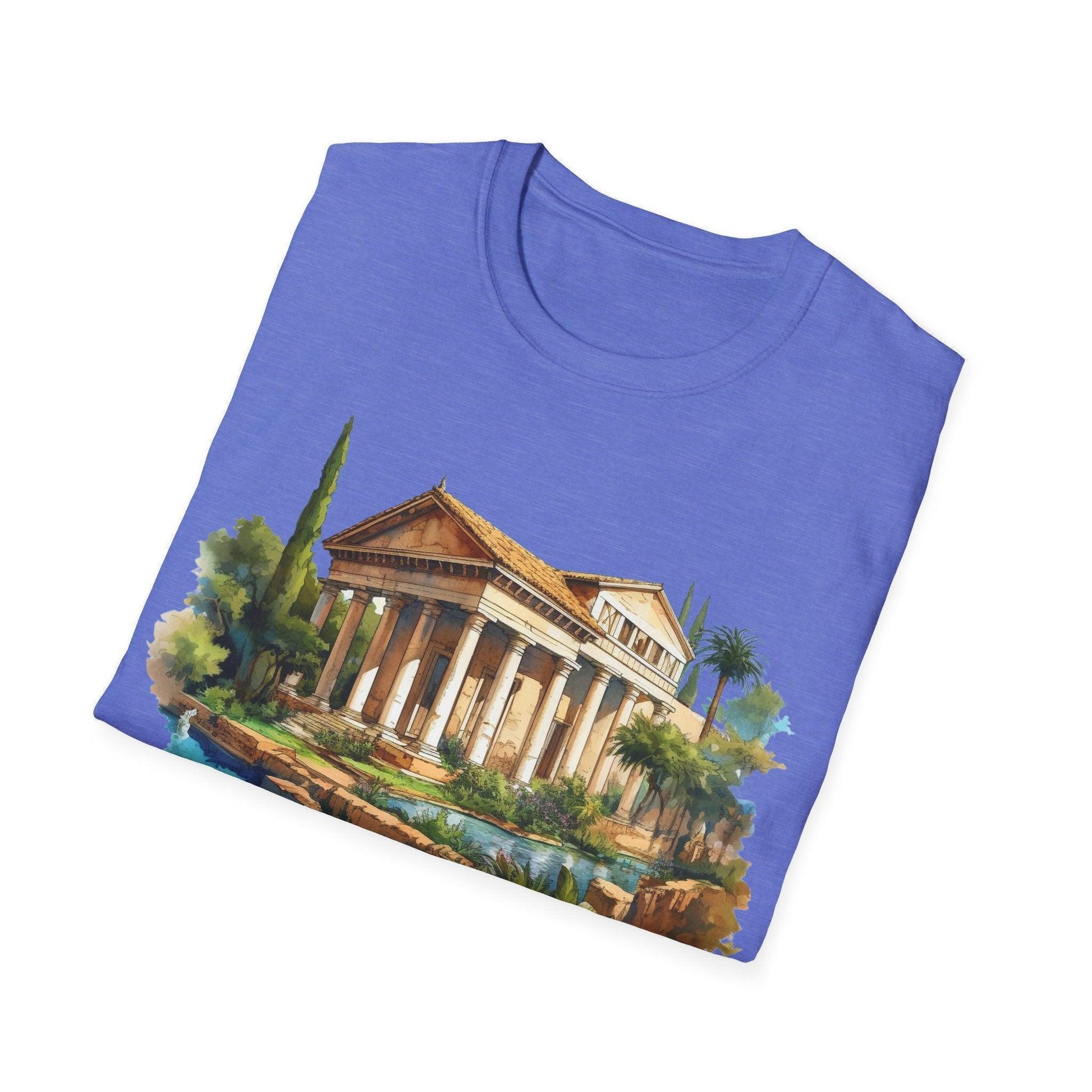 Close-up of the relaxed fit, heather gray fabric featuring the “Ancient Bldg 3” logo printed on the front chest area.