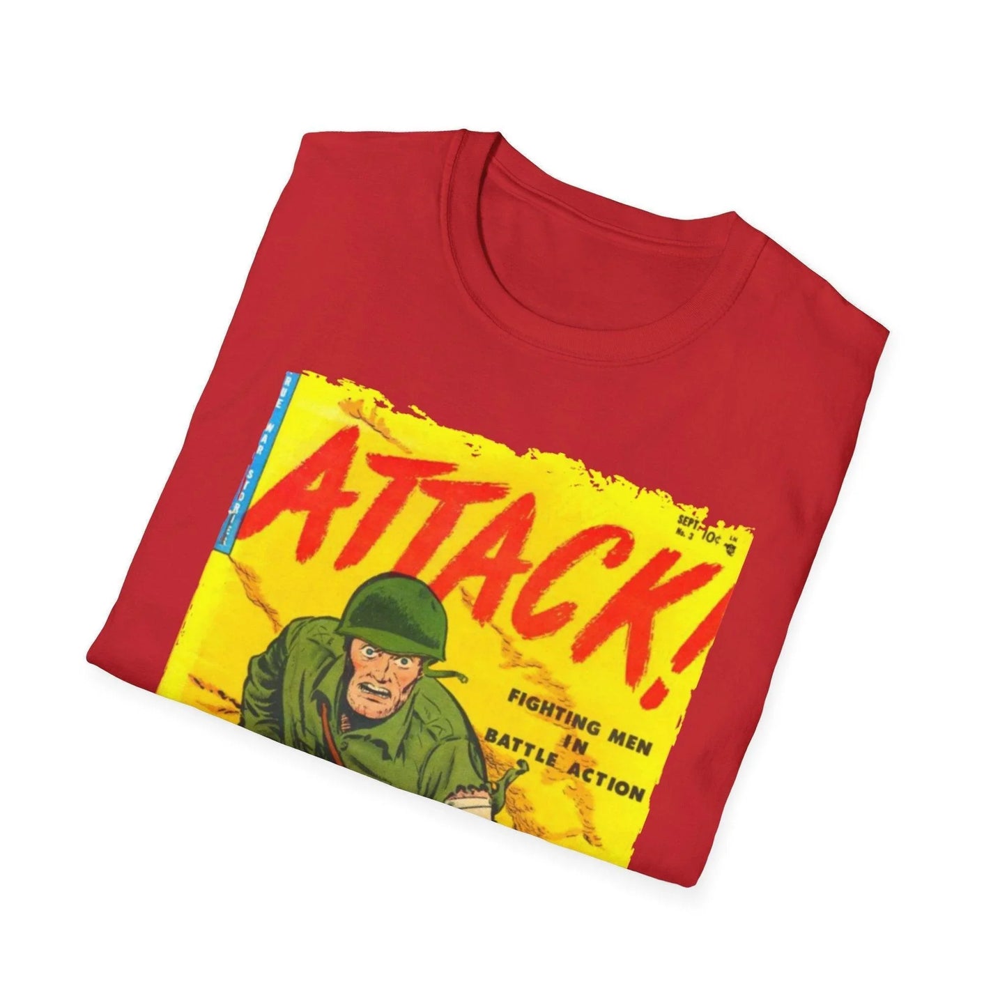 Close-up of the Attack! Sept 1952 unisex softstyle T-shirt label sewn at the neckline in black ink on white fabric