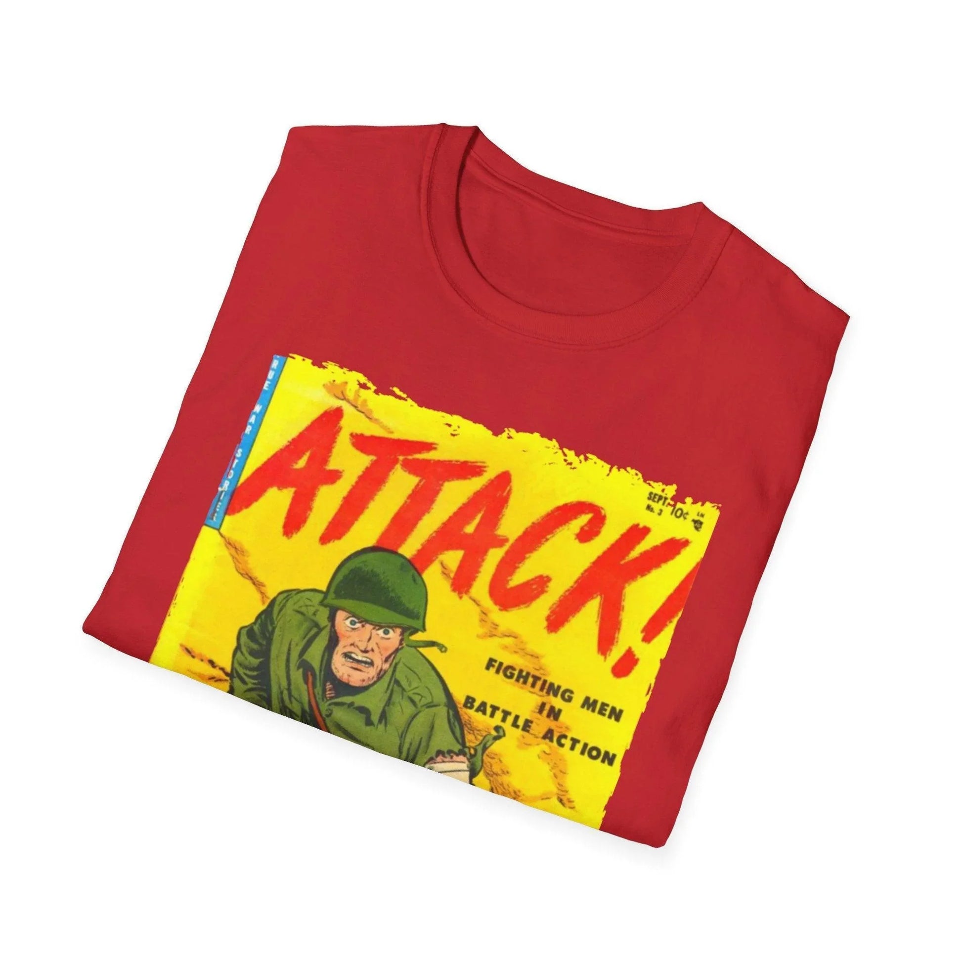 Close-up of the Attack! Sept 1952 unisex softstyle T-shirt label sewn at the neckline in black ink on white fabric