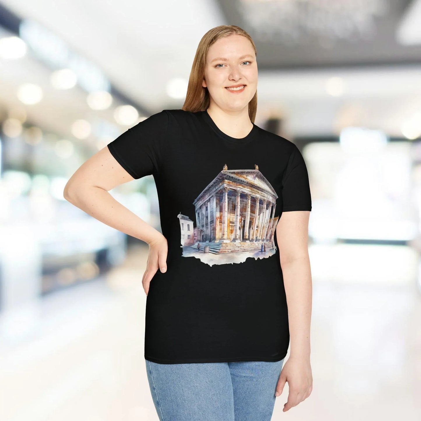 Close-up of the unisex softstyle T-shirt’s collar revealing reinforced stitching and smooth fabric texture in teal color.