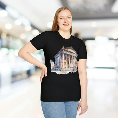 Close-up of the unisex softstyle T-shirt’s collar revealing reinforced stitching and smooth fabric texture in teal color.