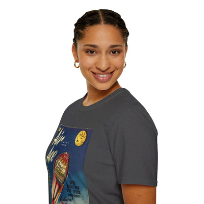 Close-up of the unisex softstyle T-shirt's neckline showcasing smooth stitching and relaxed fit in deep navy fabric.