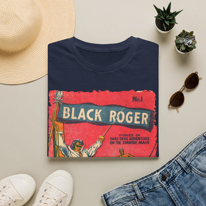 Close-up of black Roger No.1 softstyle T-shirt's back neckline tag and subtle stitching details.