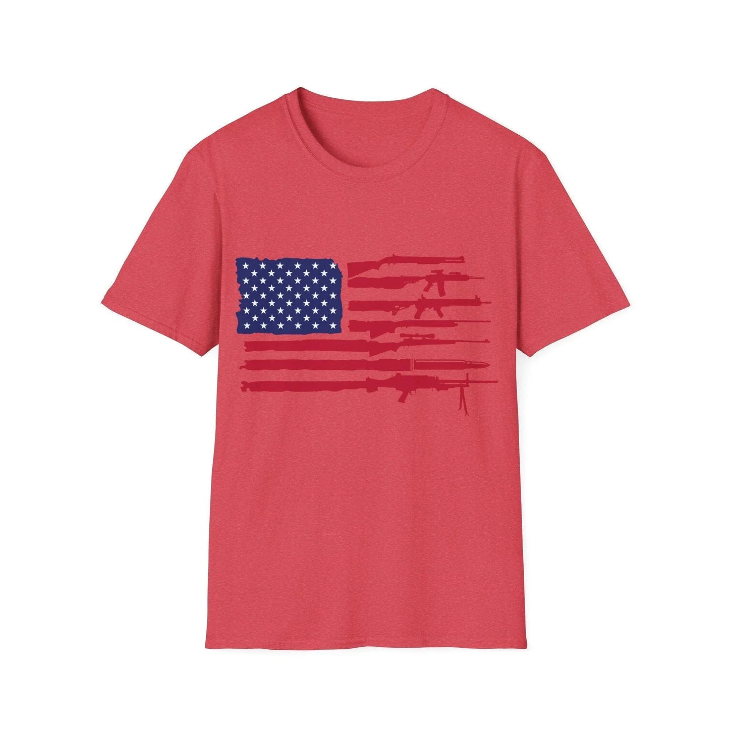 Close-up of the American flag guns graphic printed on the front of the unisex softstyle T-shirt, showcasing vibrant colors