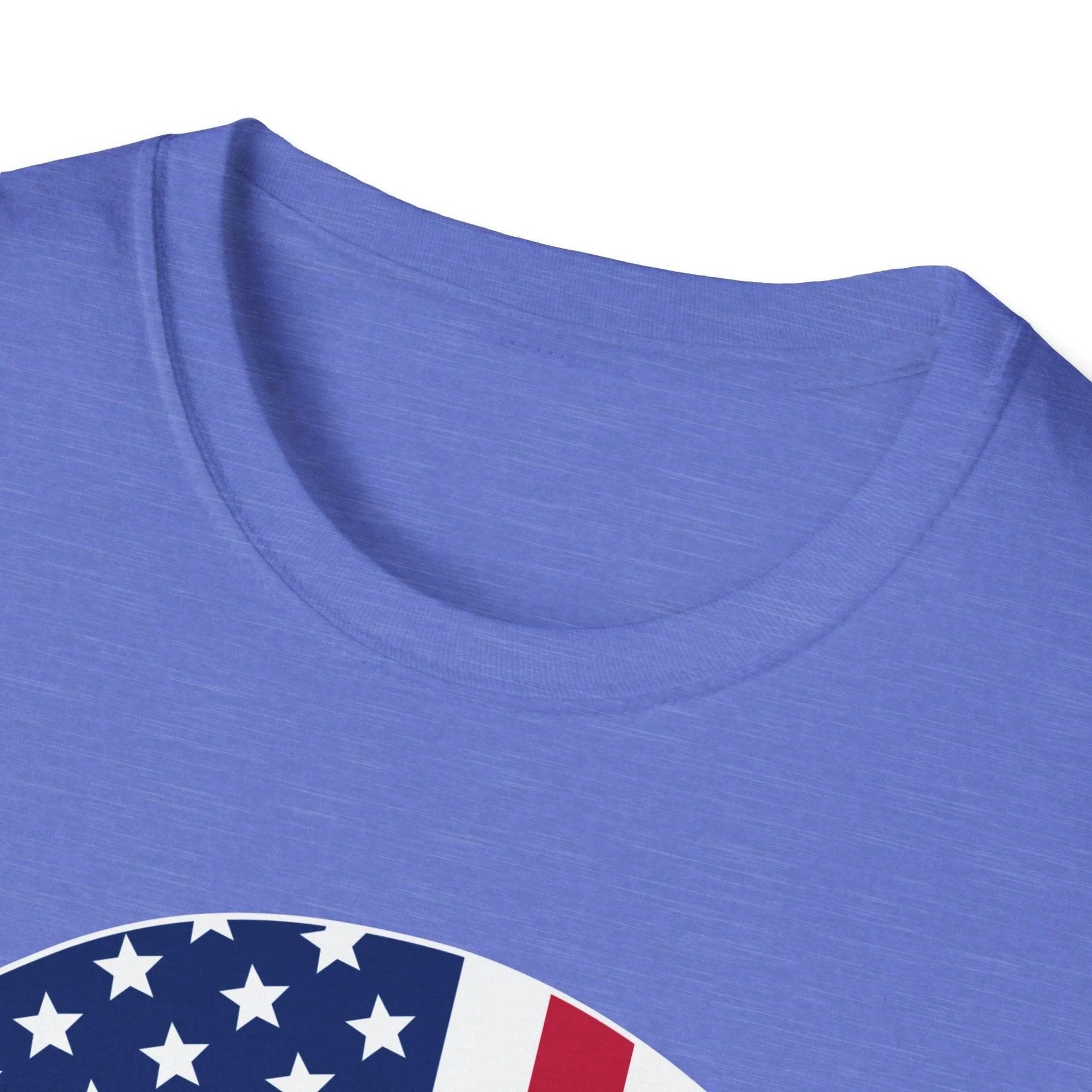 Close-up of the American Skull Flag graphic on the chest of the unisex softstyle T-shirt, highlighting vibrant colors and