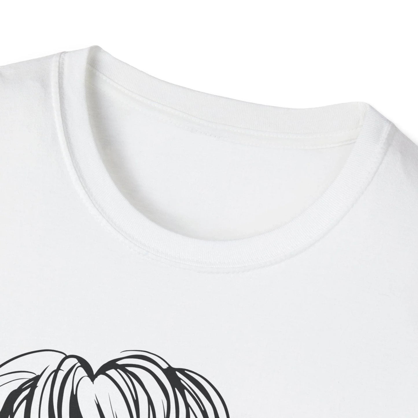 Close-up of the soft charcoal heather fabric showing subtle texture and relaxed fit neckline detail on the Messy Buns & Guns