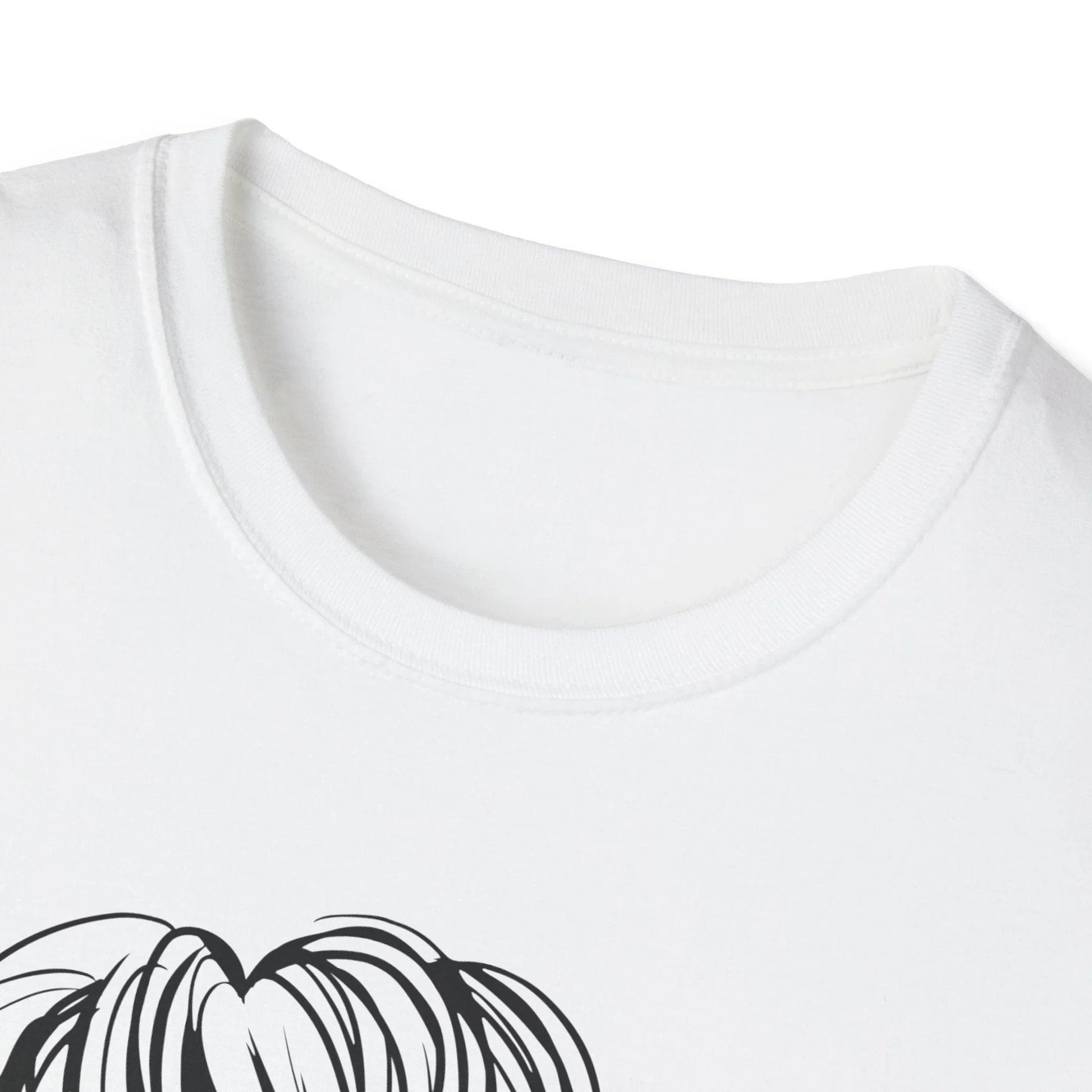 Close-up of the soft charcoal heather fabric showing subtle texture and relaxed fit neckline detail on the Messy Buns & Guns