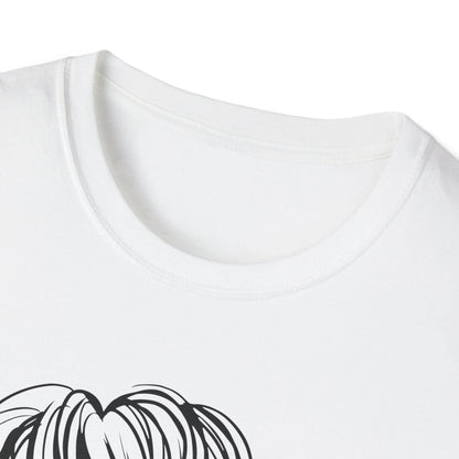 Close-up of the soft charcoal heather fabric showing subtle texture and relaxed fit neckline detail on the Messy Buns & Guns