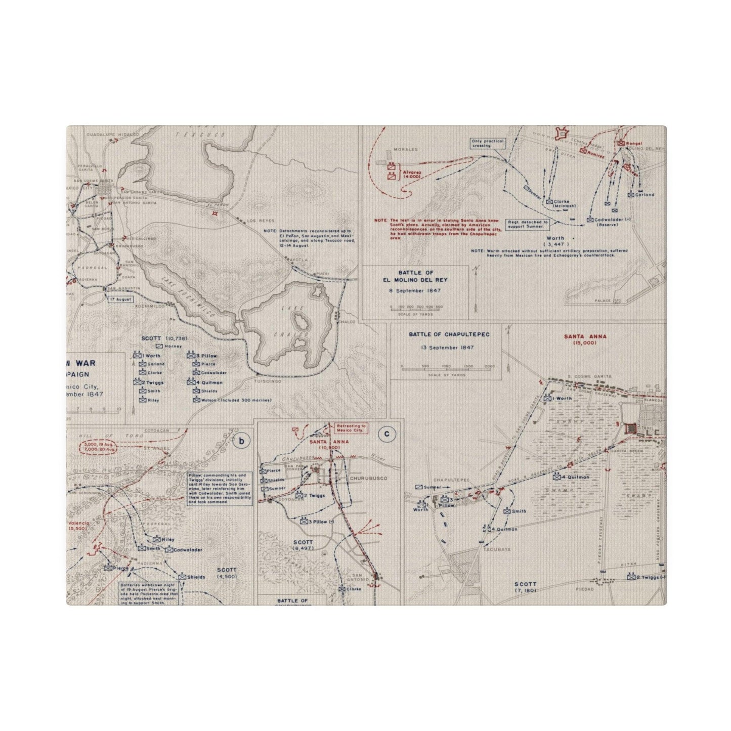 Close-up of textured canvas surface highlighting subtle brushstrokes and aged, muted color tones from the Mexican War scene.