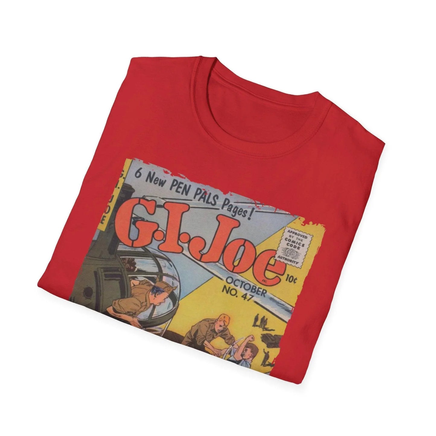 Close-up of the G.I. Joe No.47 T-shirt's sewn neckline and smooth cotton fabric, highlighting its relaxed fit and vibrant