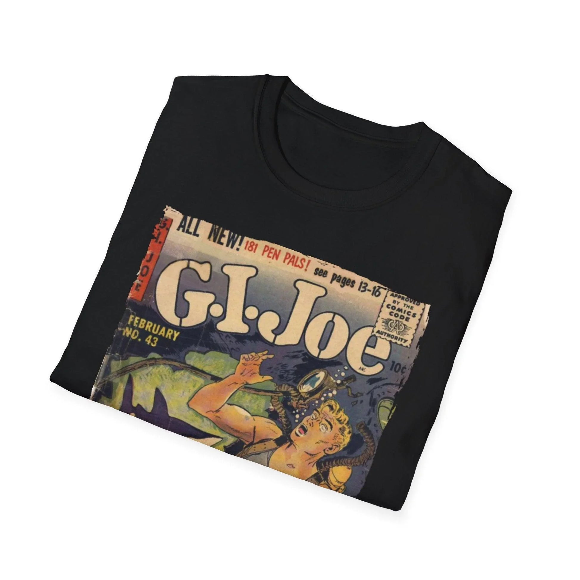 Close-up of the G.I. Joe No.43 unisex softstyle T-shirt's neck and upper chest revealing soft cotton fabric and subtle