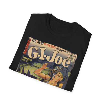 Close-up of the G.I. Joe No.43 unisex softstyle T-shirt's neck and upper chest revealing soft cotton fabric and subtle