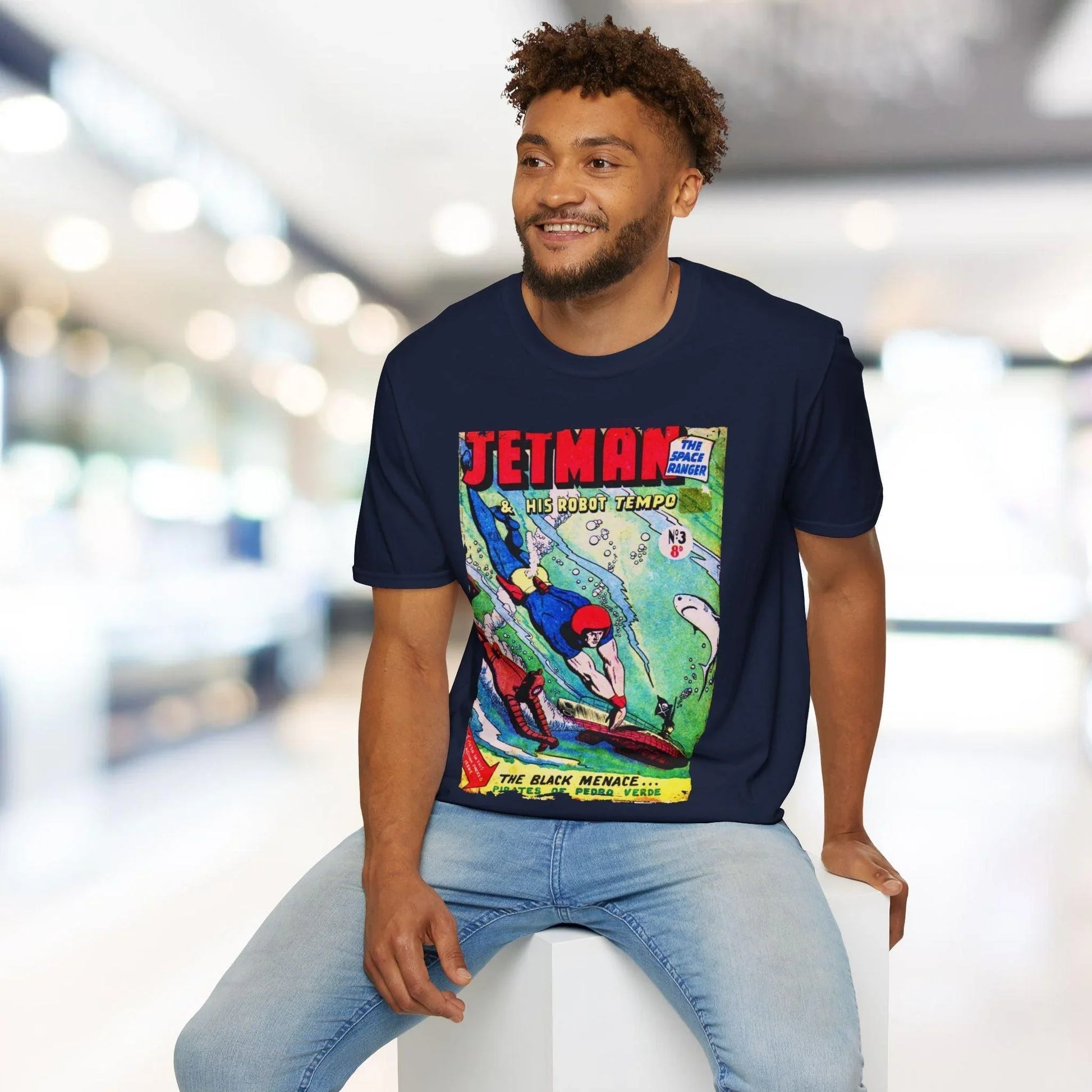 Close-up of the Jetman No.3 unisex softstyle T-shirt’s deep navy fabric showcasing smooth texture and subtle stitching