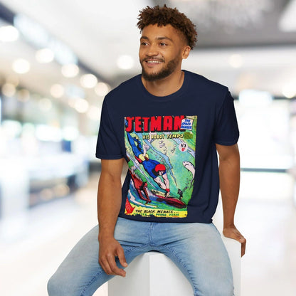 Close-up of the Jetman No.3 unisex softstyle T-shirt’s deep navy fabric showcasing smooth texture and subtle stitching