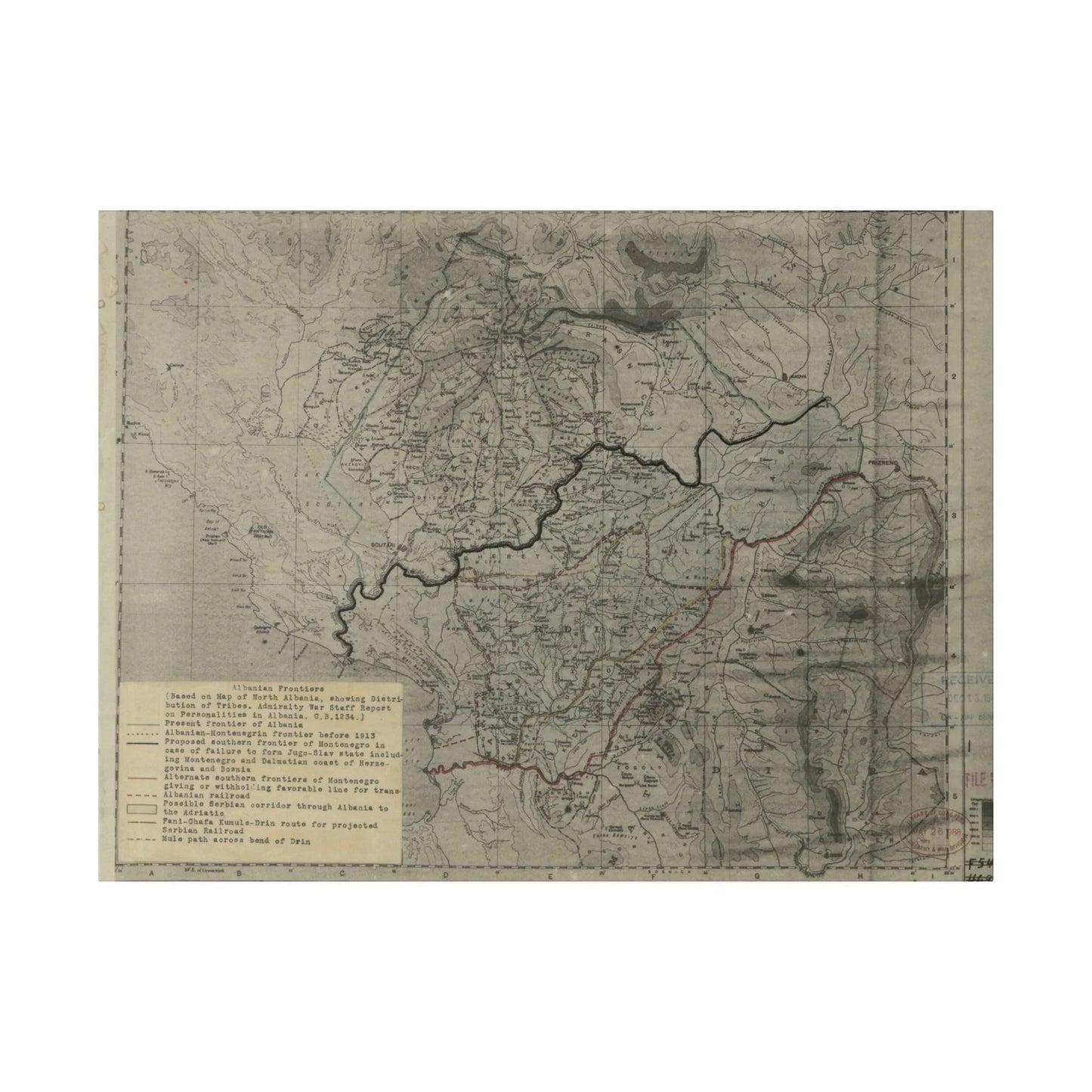 Printify canvas print of 1916 Albanian Frontiers Admiralty War Staff map, matte finish, wood frame, 24x36 inches, suitable