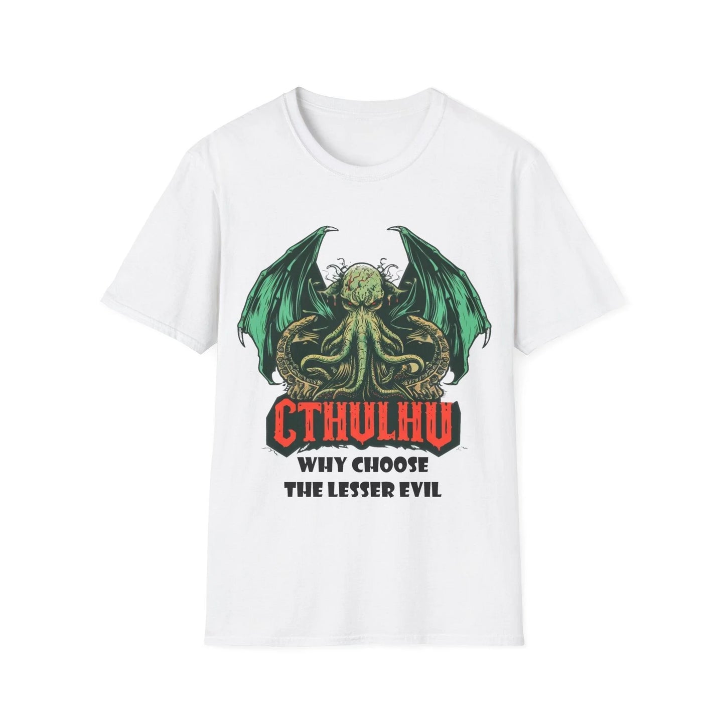 Printify unisex softstyle T-shirt featuring Cthulhu design, regular fit, cotton fabric, crew neck, white color, DTG print