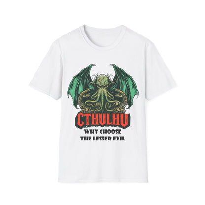 Printify unisex softstyle T-shirt featuring Cthulhu design, regular fit, cotton fabric, crew neck, white color, DTG print