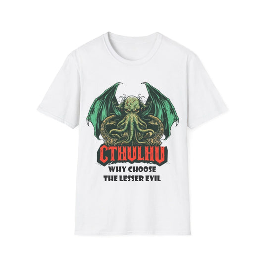 Printify unisex softstyle T-shirt featuring Cthulhu design, regular fit, cotton fabric, crew neck, white color, DTG print