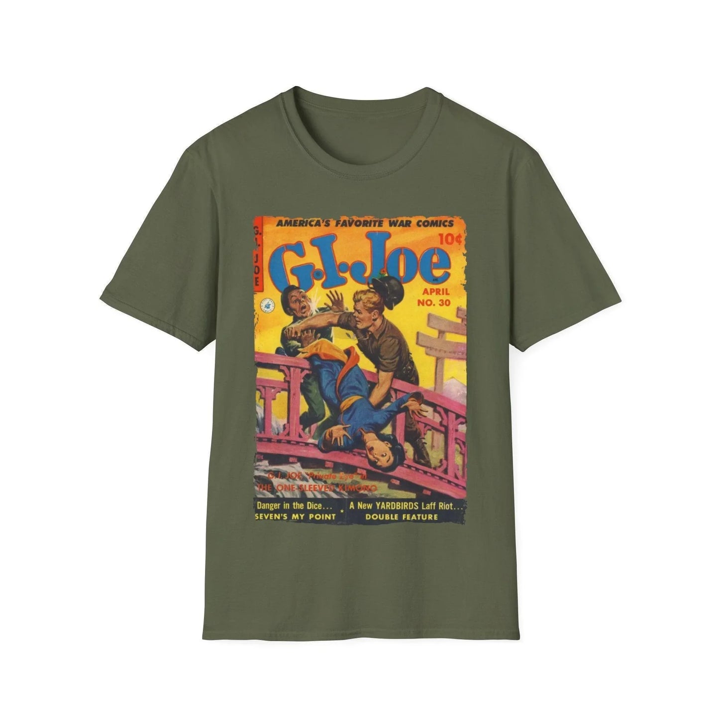 Close-up of the G.I. Joe No.30 unisex softstyle T-shirt neckline displaying the sewn-in label and smooth crew neck finish