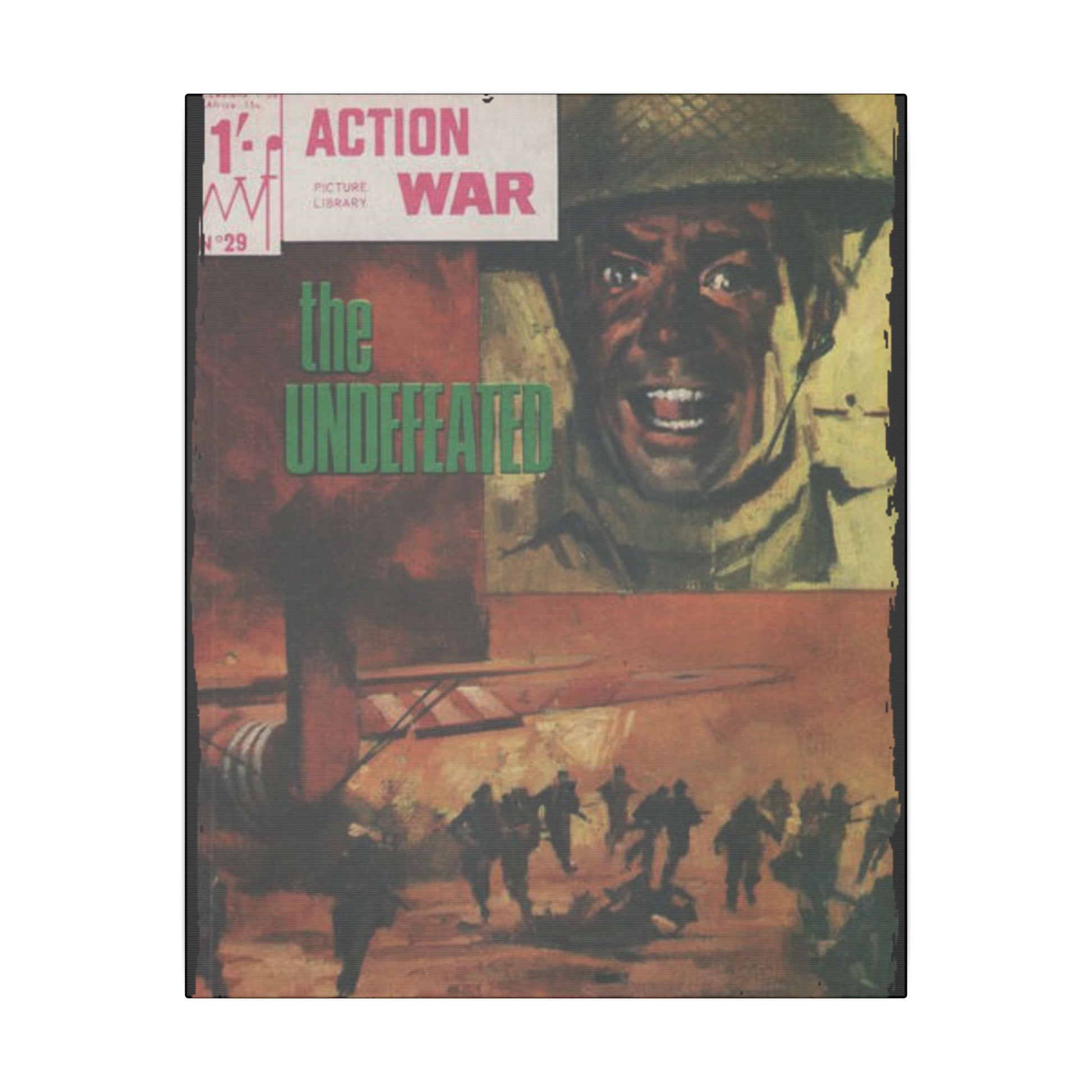 Close-up of the textured canvas surface highlighting the vibrant initial artwork in Action War #29 comic print.