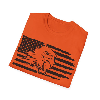 Close-up of the distressed American flag design with bold eagle detail on the black and white slim-fit crew neck T-shirt's