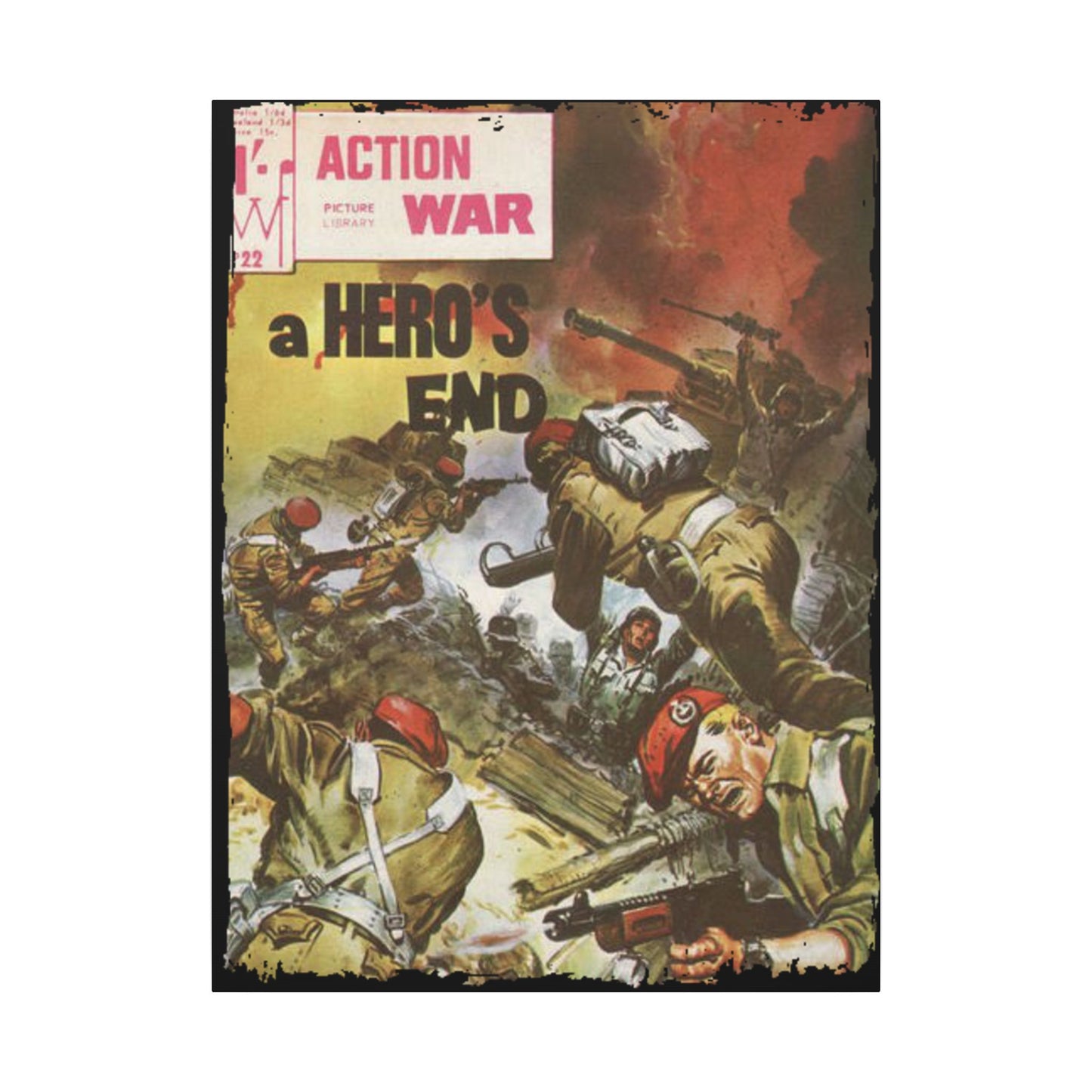 Close-up of the "Action War #22" comic cover's textured canvas material showcasing bold ink lines and vibrant color accents