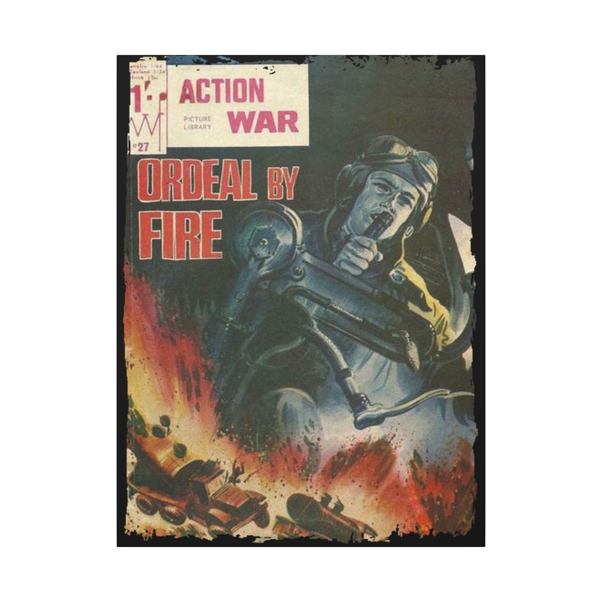 Close-up of the textured canvas material with visible brushstrokes and subtle color shading on the Action War #27 print