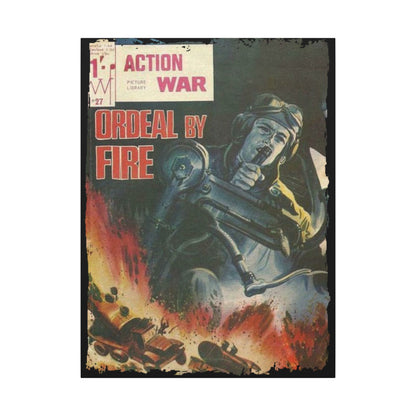 Close-up of the textured canvas material with visible brushstrokes and subtle color shading on the Action War #27 print