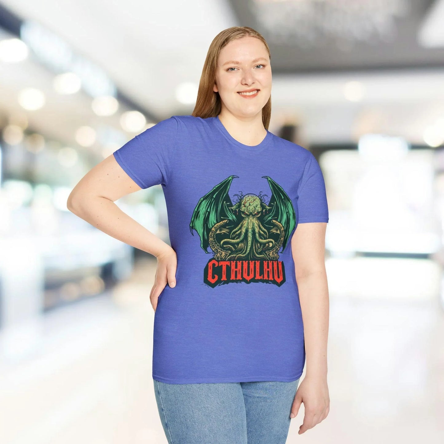 Close-up of the Cthulhu-themed unisex softstyle T-shirt’s crew neckline and subtle fabric weave in deep navy color.