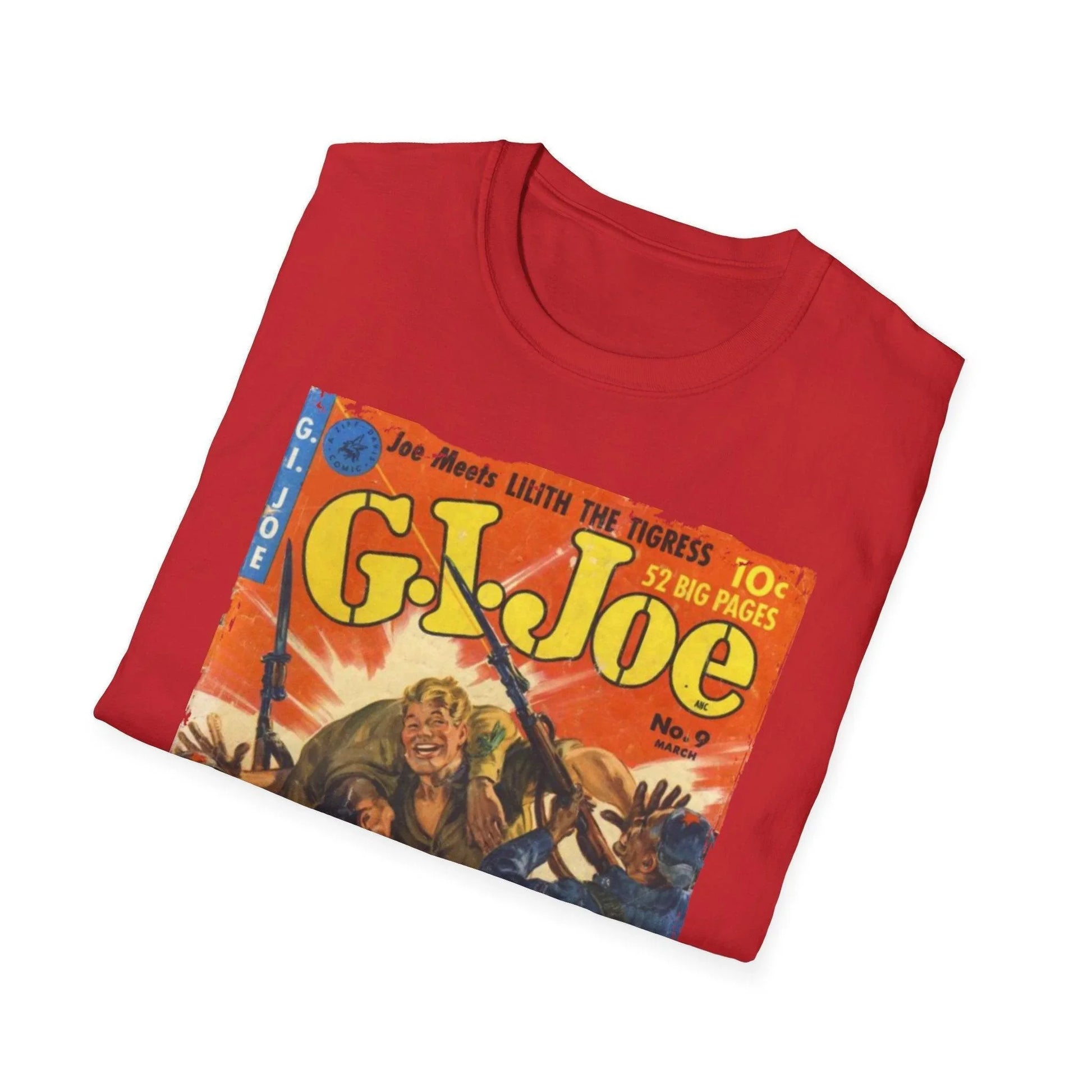 Close-up of the G.I. Joe No.9 unisex softstyle T-shirt neckline showing reinforced stitching and fabric texture in red color.